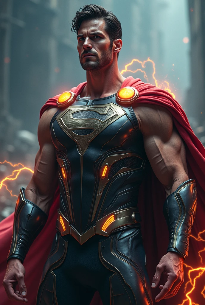 a muscular man with superman strength, incredible speed like flash, wearing a suit resembling thor full hand, height 178cm, detailed facial features, highly detailed, 8k, photorealistic, cinematic lighting, dramatic pose, dynamic composition, vibrant colors, epic, heroic, powerful,medium muscular body, defined abs, veins, intense expression, glowing eyes, lightning effects, metallic suit details, flowing cape, dramatic shadows, dramatic lighting