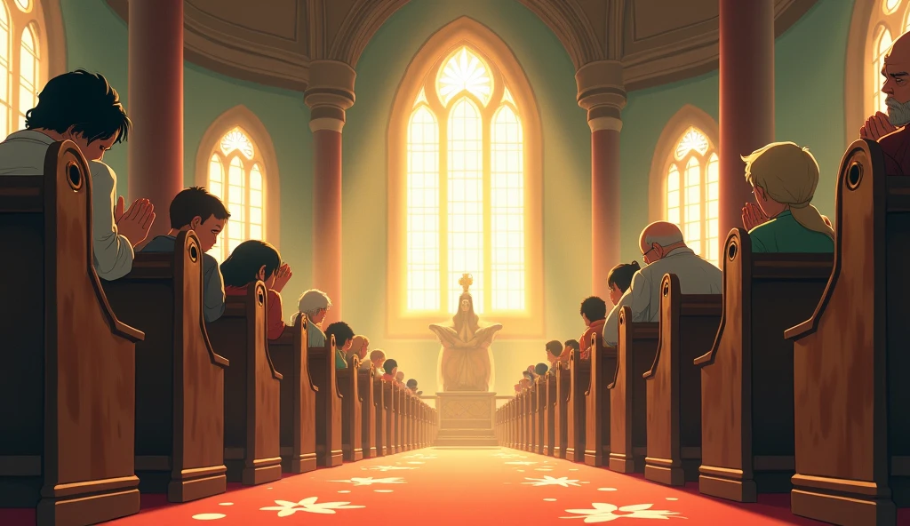 'People praying in a church' in the style of Ghibli