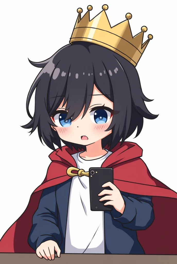 Red Cape,One person,Black Hair, Asymmetrical bangs, Parting the bangs,Blue Eyes,Drooping eyes,White T-shirt,Navy blue jacket,smartphone,computer,Simple background,cool,Default,Illness,Confused eyes,Distributor,Chibi Character,crown,King