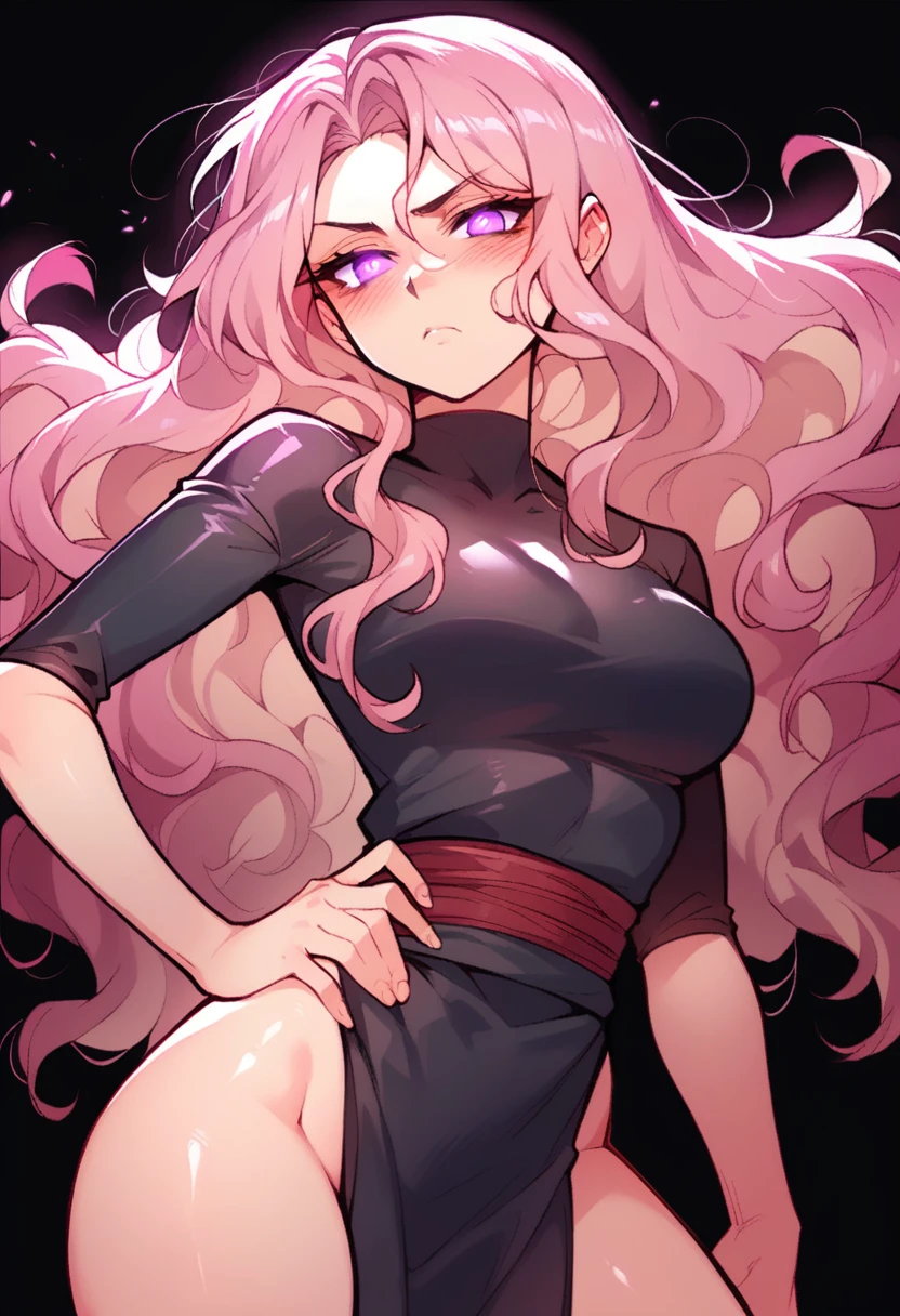 Female, Light Tan Skin, pink hair, long wavy hair, purple eyes, glowing eyes, faint blush, serious seductive expression, ninja outfits, hair styled down, standing with hand on hip, black background.