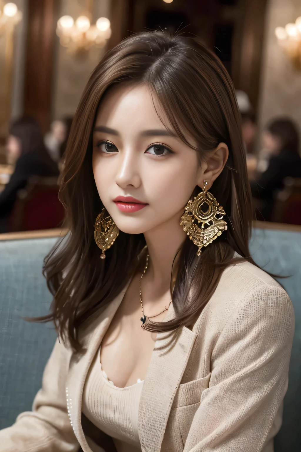 masterpiece, Highest quality, Realistic, Very detailed, Finer details, High resolution, 8k wallpaper, One beautiful woman, Wear a nice suit, In a great restaurant, At night, Light brown messy hair, Perfect dynamic composition, Beautiful and beautiful eyes、Big earrings、Sit on the sofa