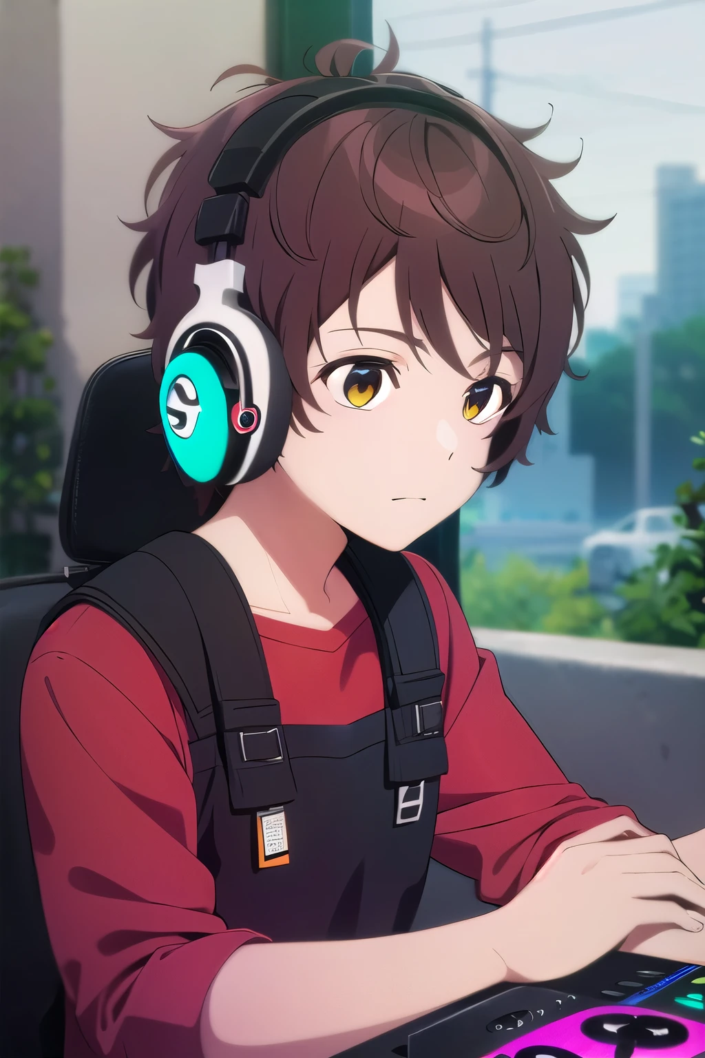 photorealistic, (4k), depth of field, (Masterpiece), (realistic skin texture), extremely detailed, intricate, hyper detailed, high resolution, professional photography, , depth of field, sharp detail, best quality, , 1boy, solo, male focus, shun_tokinoya, brown hair, brown eyes, , bangs, , , The City of Glas, HD, Fiesta de Electronica, Dj, Con Auriculares, sudadera roja.