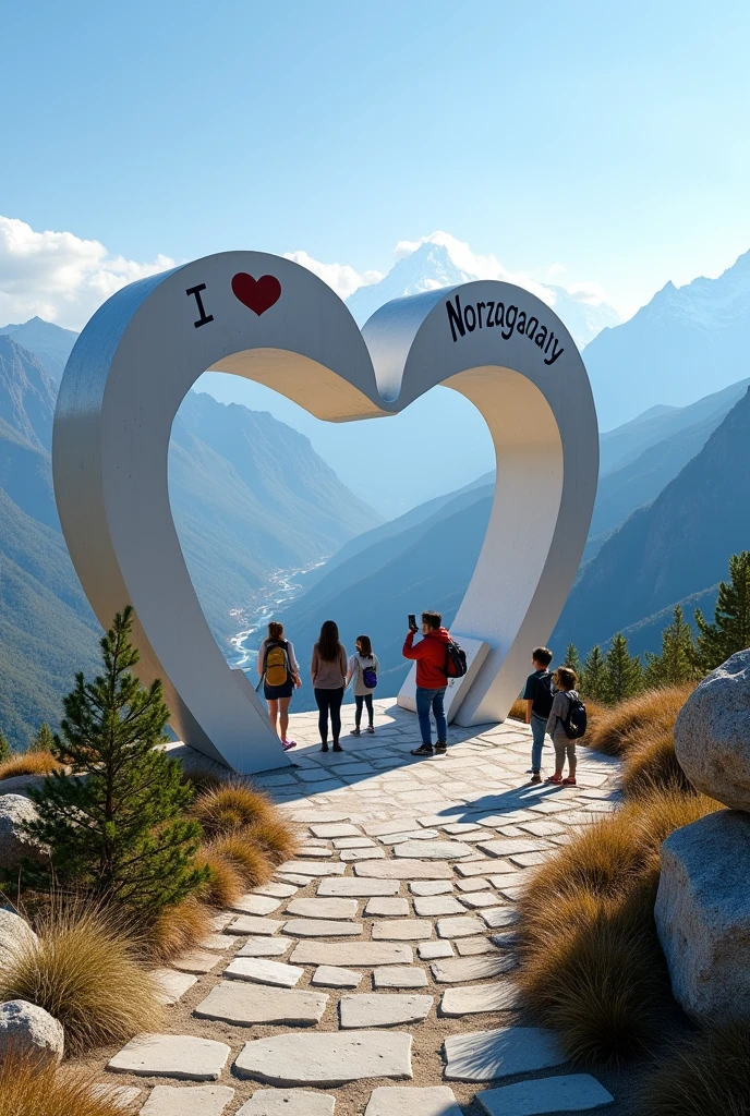 Can you make a " I ❤️ Norzagaray" viewtype with a viewdeck on the back of it, like humans can take a picture near at the "I ❤️ Norzagaray",  also make the background like mountain view and make a viewdeck on it. make the image clear