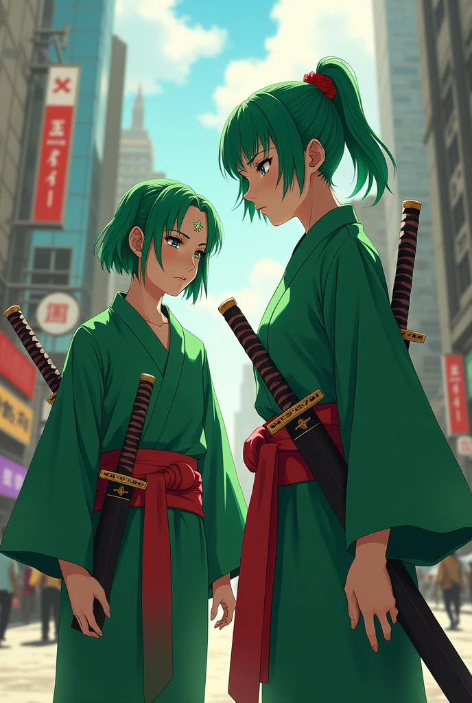 (Super fine)、Realistic big city background、A 2 young woman、Green short hair、Three piercings in the left ear、Slit eyes、Plain green kimono、A red cloth is tied around the waist、He carries three swords on his hips.