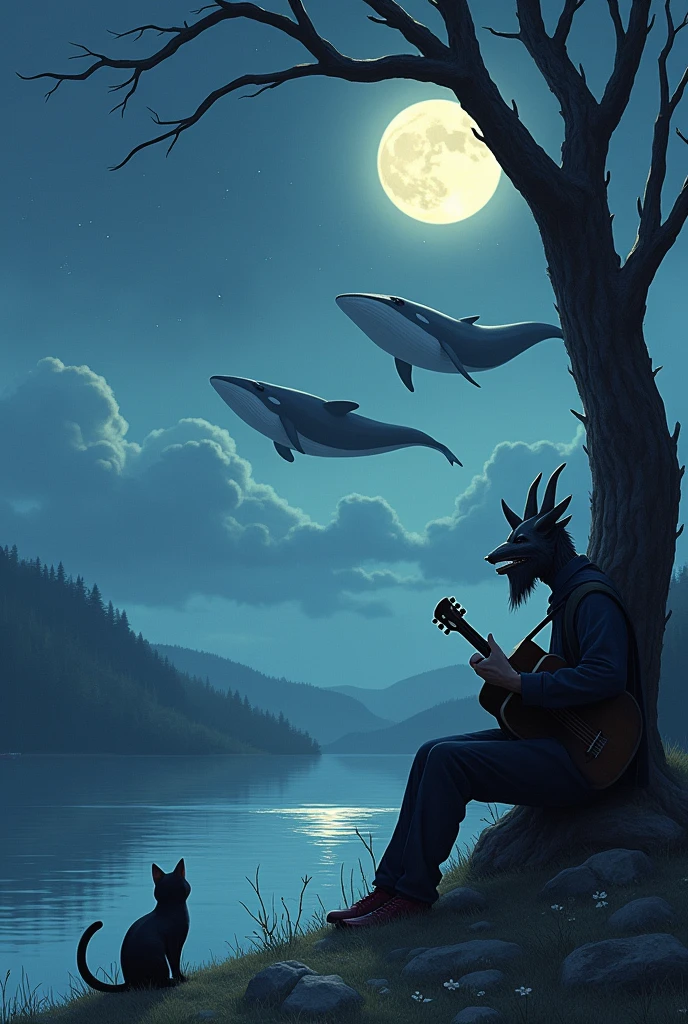 Starless and cloudy sky with full moon and two whales floating near moon near a serene river and a leafless tree on the side and a guy wearing a goat mask leaning on a tree playing guitar and a cute cat sitting near the guy