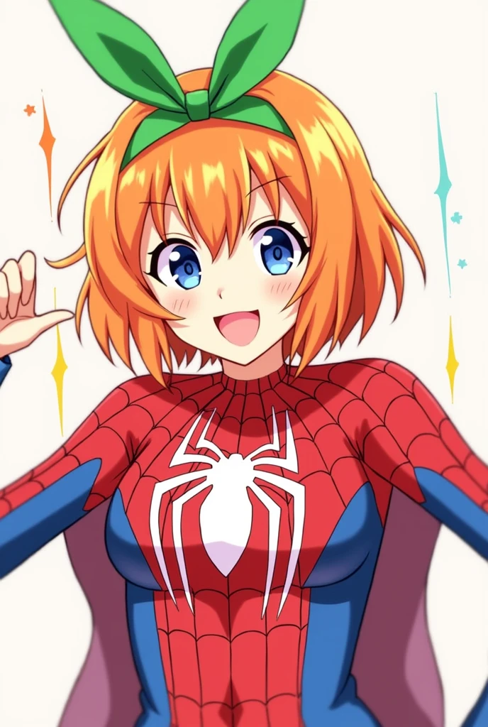 Yotsuba nakano short orange hair, green ribbon on the head in the shape of a rabbit,blue eyes, At 2 and wearing a Spiderman suit with a white spider