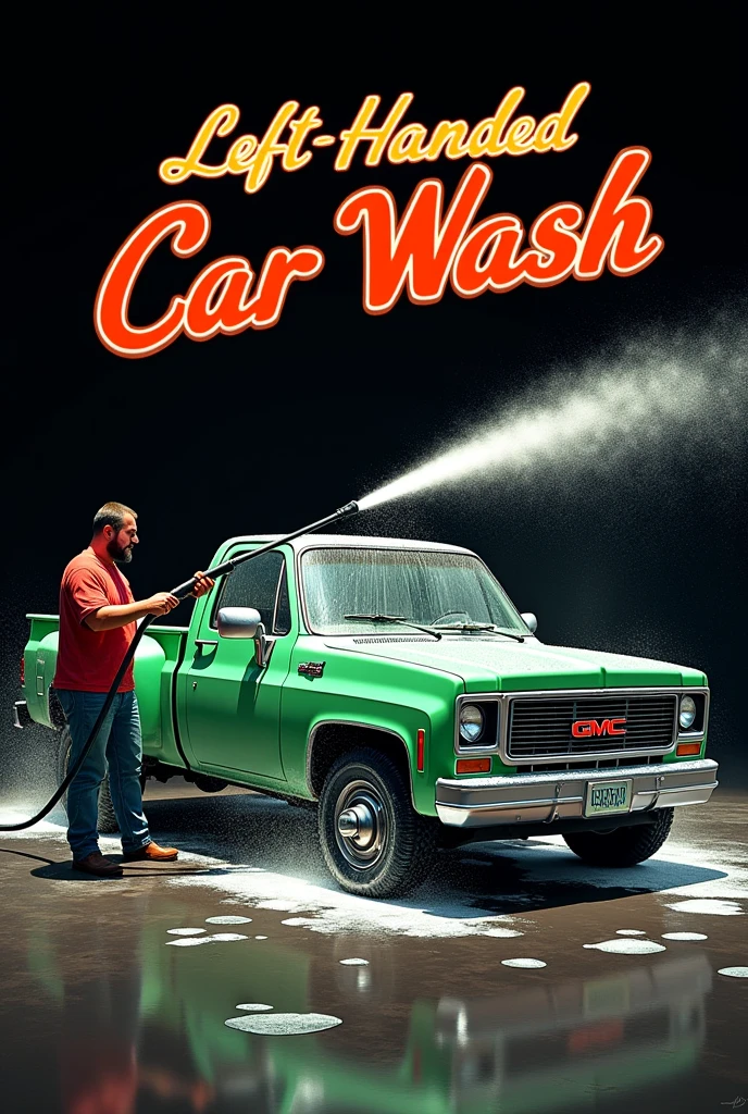 Draw a 2D image. The background color is black and inside there is a person with a short black beard and a pressure washer spraying water on a green 1980 GMC Jimmy double cab with black rims.. that the truck is soaped. That says on the top “left-handed car wash”