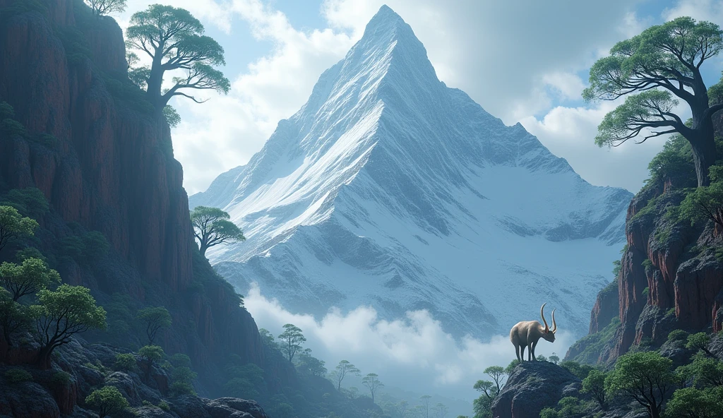 There is a mountain that is too steep to climb,There are many strange beasts and trees on the mountain(best quality,4K,8k,High level,masterpiece:1.2),Ultra Detailed,(lifelike,Photo real,Photo real:1.37)