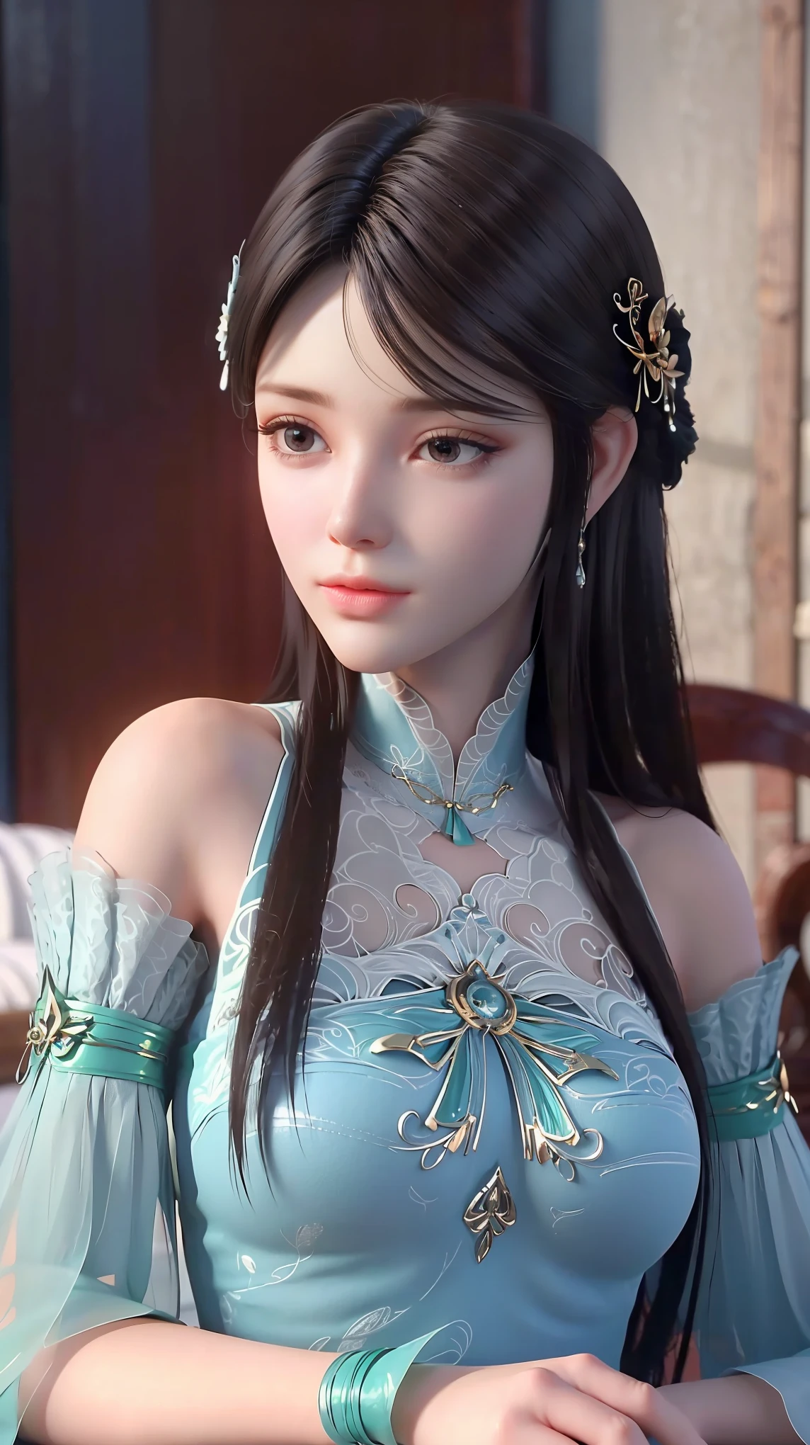 a beautiful young woman with long hair, wearing a nightgown, sitting on a bed, barefoot, in a dress, lying on her side, cross-legged, full body shot, (best quality,4k,8k,highres,masterpiece:1.2),ultra-detailed,(realistic,photorealistic,photo-realistic:1.37),beautiful detailed eyes,beautiful detailed lips,extremely detailed eyes and face,longeyelashes,natural lighting,warm tones,soft focus,portraits,chiaroscuro,depth of field
