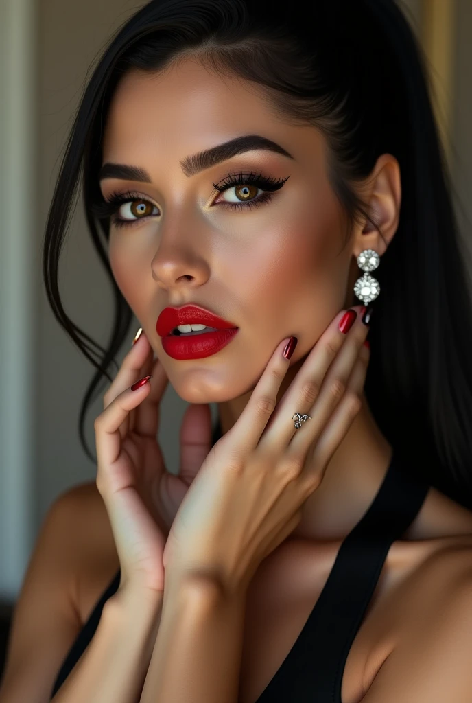 close-up, extreme close-up, close-up portrait, portrait, ultra realistic, photography, long black straight hair in a ponytail, elegant braided hair, (30 years old, hazel eyes, hourglass figure, perfect fit body, natural big breasts), firtatious look, crimson red lipstick, femme fatale, long eyelashes, cat-eye make-up, silk top, highlight her cleavage, highlight her curves, she has her hands on her neck and her head slightly falls backwards, her eyes focus the camera and her lips are slightly parted