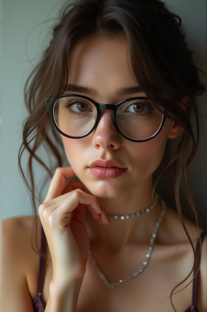 Hot seductive high school girl wearing glasses holding a cock