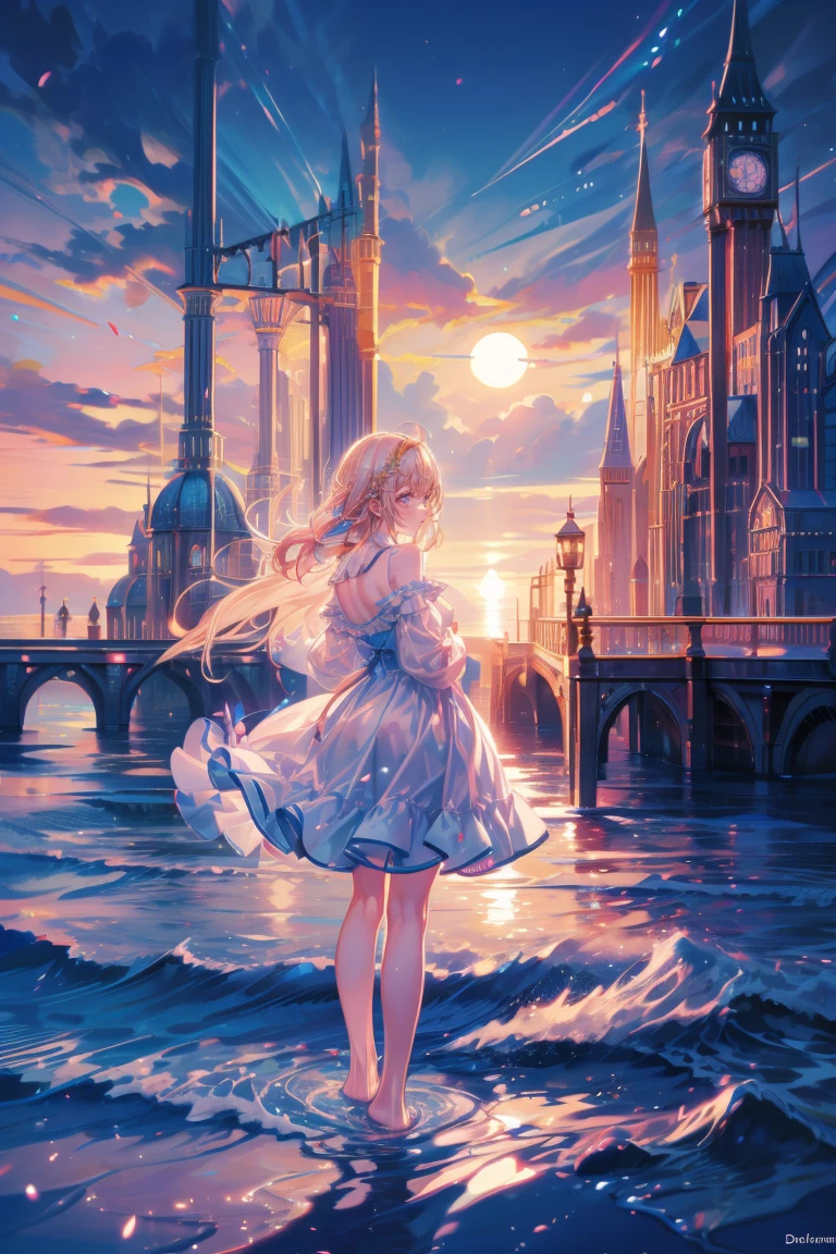 (High quality, 8K), (soft light), a girl, detailed face, detailed eyes, blue eyes, watercolor painting, pink dress, very magical, dreamlike, dreamy detail, dreamy atmosphere and drama, gorgeous atmosphere, dreamy Beautiful atmosphere, beautiful atmosphere, dreamlike romance, fantastic and dreamlike theme, magical environment Qi, beautiful atmosphere, anime background art, magical atmosphere + table top, dreamlike aesthetics, beautiful details with atmosphere, details Fine and beautiful five-fingered hands, gentle waves rising on the quiet beach at dawn It reflects the soft pink and orange shades of the sun. A young girl in a simple white dress walks barefoot along the coastline. Her hair flows gently in the morning breeze, looking ahead with a calm expression that symbolizes hope and a new beginning. The sky is vast and clear, and the light and thin clouds add to the quiet atmosphere. The sun is just above the horizon and shines golden when it comes into contact with water and sand. In the background, the calm sea and the shining sun work together to create infinite possibilities and a sense of bright future.
