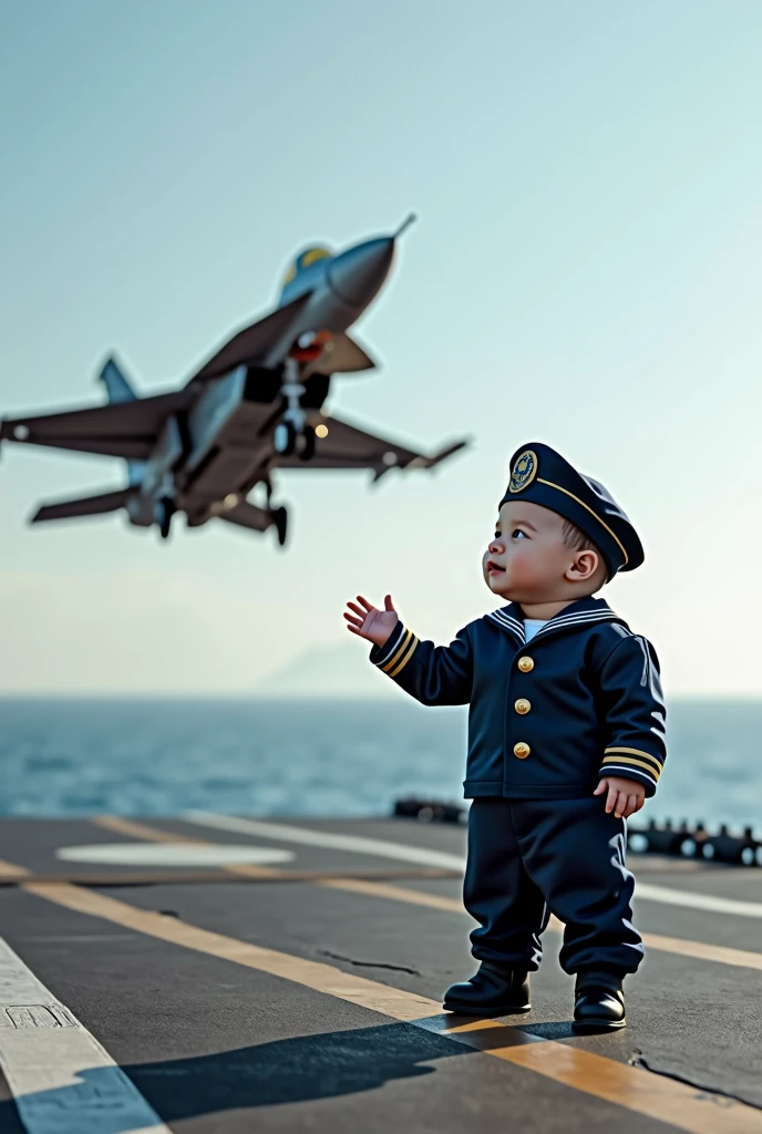 Newborn wearing Navy uniform and sailor helmets directing your fighter jet to fly in an aircraft carrier as real as real life