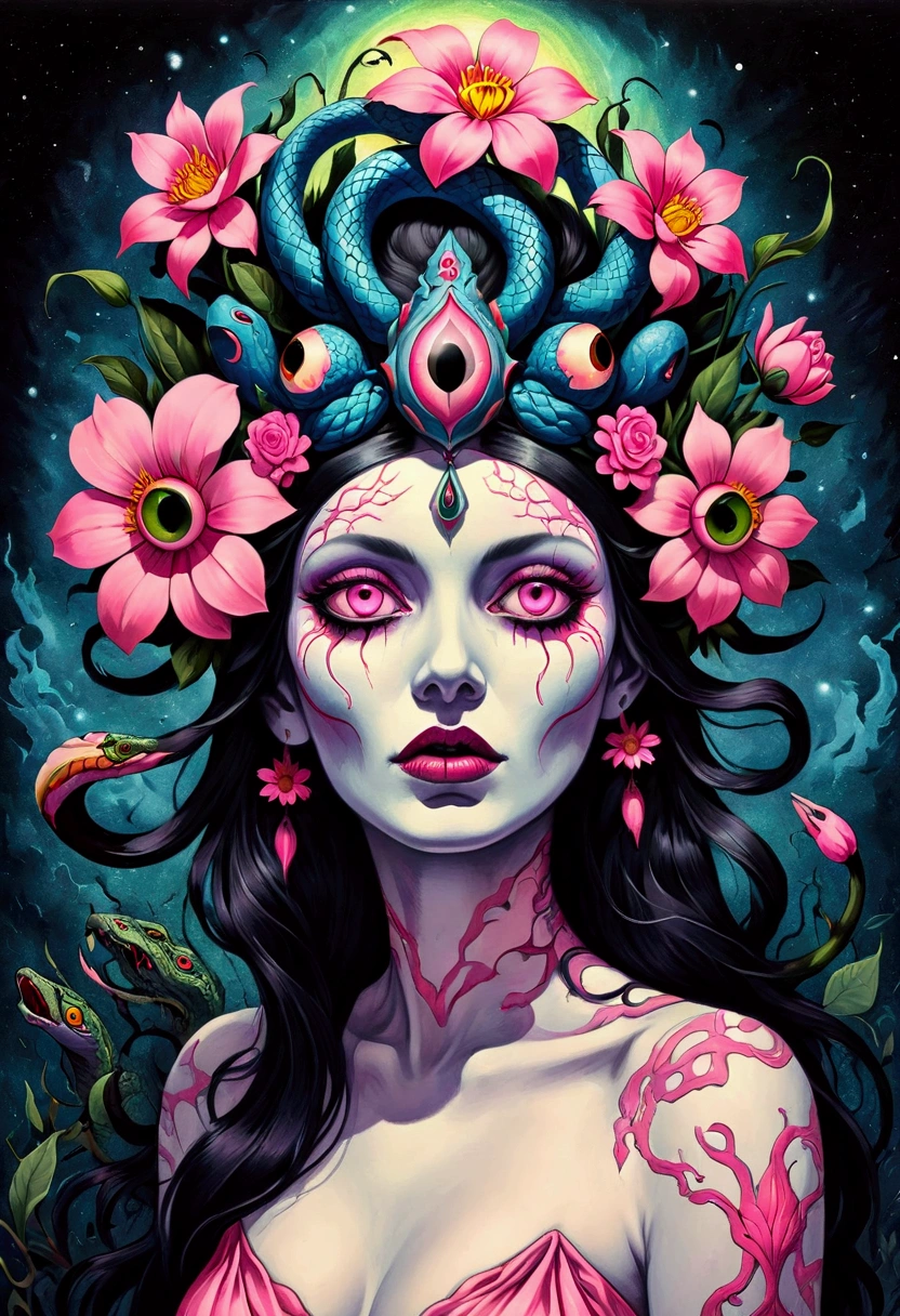 Drawing of a woman wearing a pink flower on her head, Blind, Psychedelic cosmic horror, Shaman horror LSD art, The Third Eye, ( ( ( Horror Art ) ) ), author:Adam Malchinsky, Snake Face Woman, Ms. Entropy, Horror Surrealism Art, author:Derek Zablocki, inspired by Otto Dix