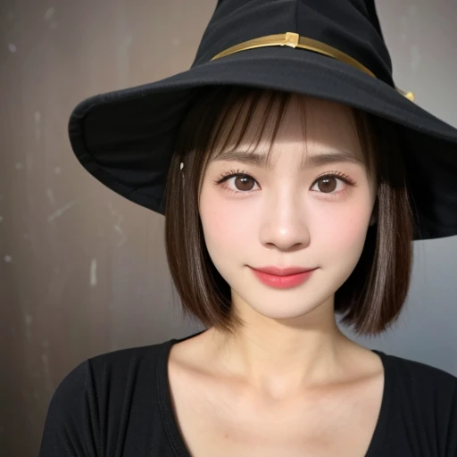 (kawaii 24 year-old Japanese girl, Nogizaka idol, Korean idol), healthy female athlete body, (glossy brown hair, short hair, pixie cut, bangs:1.3), (rounded face, beautiful black eyes, single eyelid, no makeup:1.2), (looking at viewer, soft smiling), (wearing witch's hat, long sleeved witch's costume:1.3), perfect shaped extra small breasts, BREAK, (lodge background, halloween pumpkin on back:1.2), (dynamic angle, bust shot:1.3), BREAK, (masterpiece, best quality, photo realistic, official art:1.4), (UHD, 8K quality wallpaper, high resolution, raw photo, golden ratio:1.3), (shiny skin), professional lighting, physically based rendering, award winning, (highly detailed skin, extremely detailed face and eyes, anatomically correct), Carl Zeiss 85 mm F/1.4, depth of field, 1girl, solo,