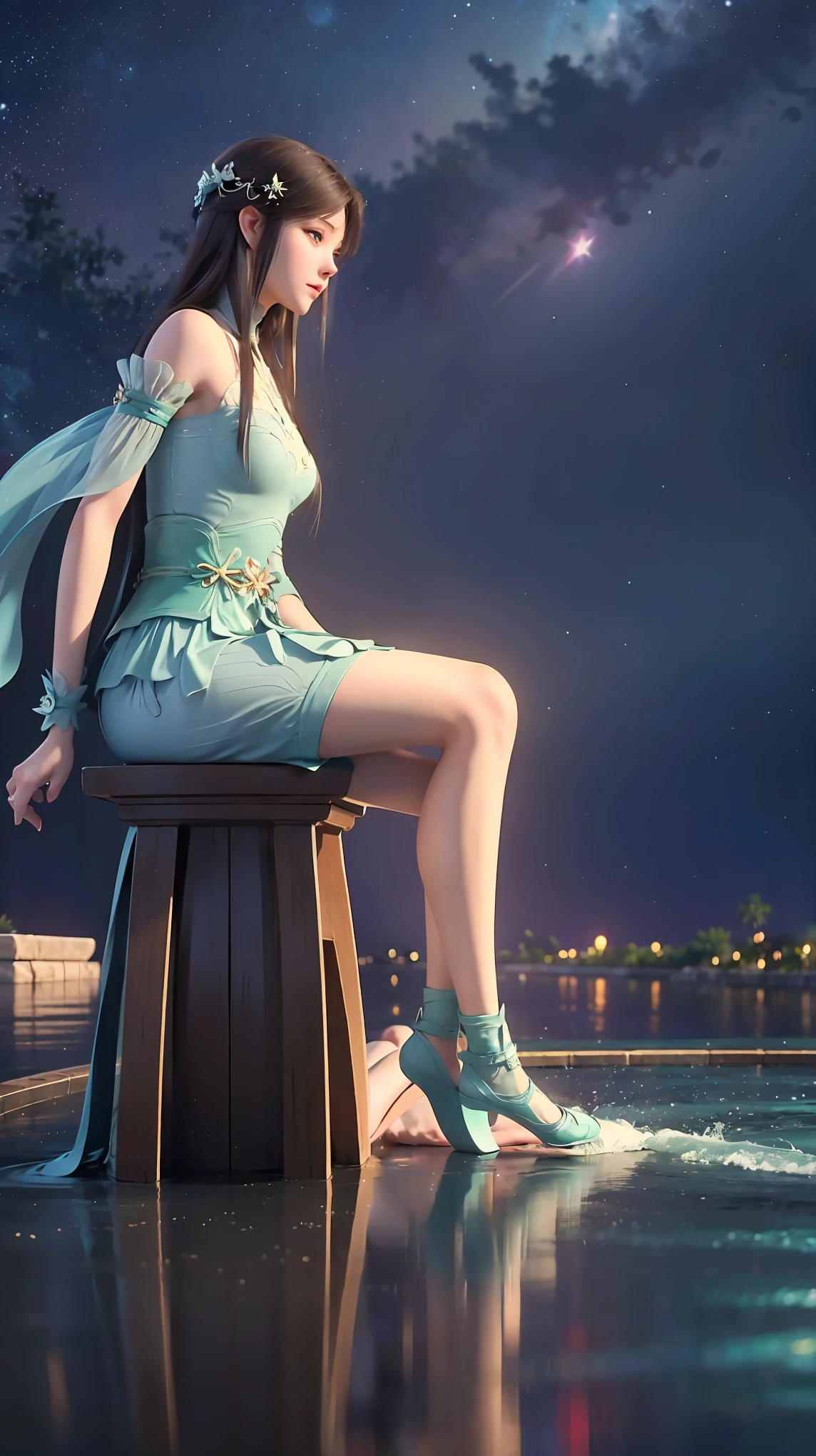 Cartoon woman kneeling on the starry sky, Water splashes at the knees,CG Social Trends, Smooth anime CG art, Starry sky background,Full body view,Royal sister kneeling posture