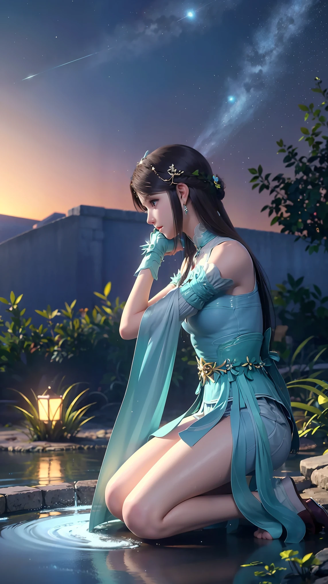 
Cartoon woman kneeling on the starry sky, Water splashes at the knees，CG Social Trends, Smooth anime CG art, Starry sky background，Full body view，Royal sister kneeling posture