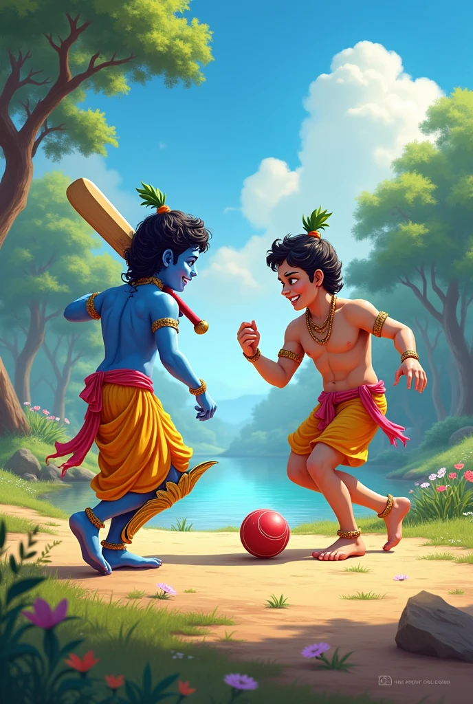 Lord Krishna and balram plying cricket