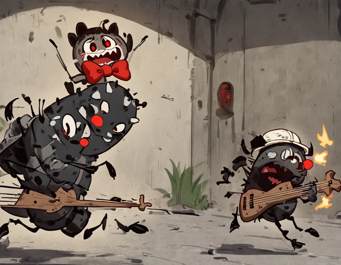 1Beetle, Empusidae Beetle, charcoal Black patchwork skin, Oval Eye, Red Dot Pupils, White Kalpak Hat, Red Bow Tie, White Bulletproof Vest, by Guillaume Renard and Guillaume Singelin \(skchkko\), Scary and Screaming, holding Virtual Sitar, Running, Jungle on Midnight, looking at viewer, comics, monsters, mixing styles, Style of MFKZ