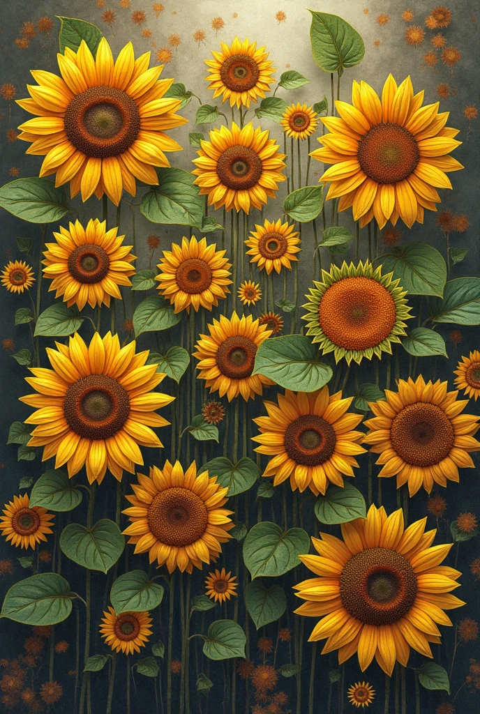 Lots os Sunflower loaded image with pencil
colours sheds like yellow brown green and mandala art on sunflower leafs