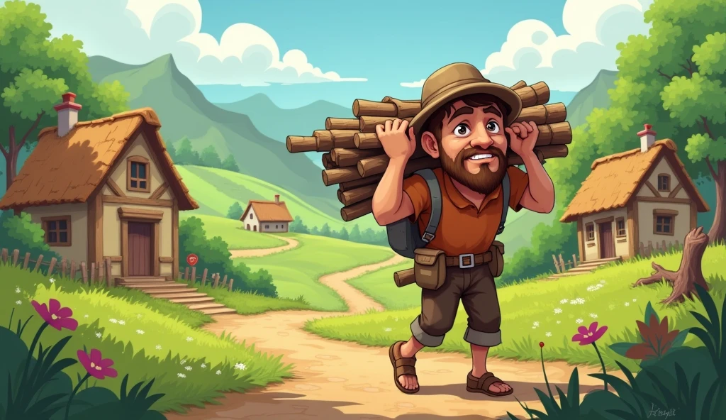 Once upon a time, in a small village, there was a poor woodcutter main hold his shoulder wood he going his hut home cartoon