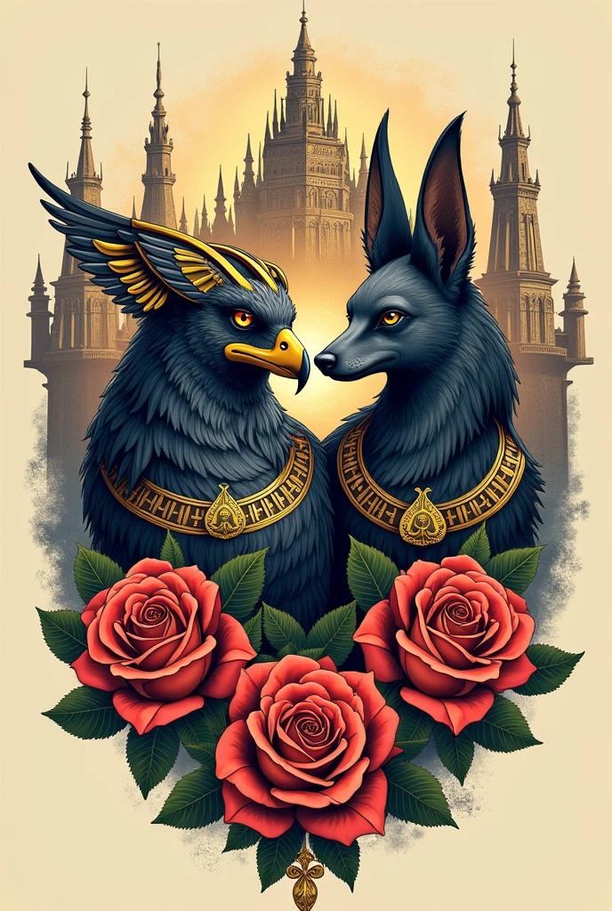 Egyptian tattoo of Horus and Anubis with a baroque castle and roses 