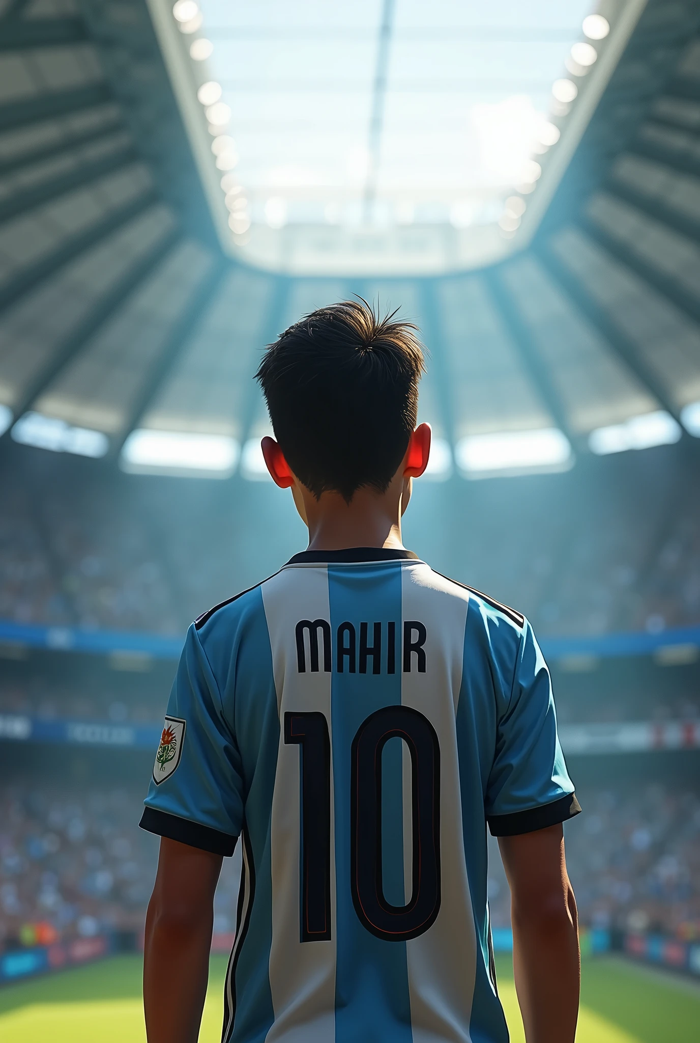 A 20-year-old boy in argentina football jersey looking back and jersey number 10 name mahir and dressed white boy standing in the gallery inside the stadium his ohit 59 kg