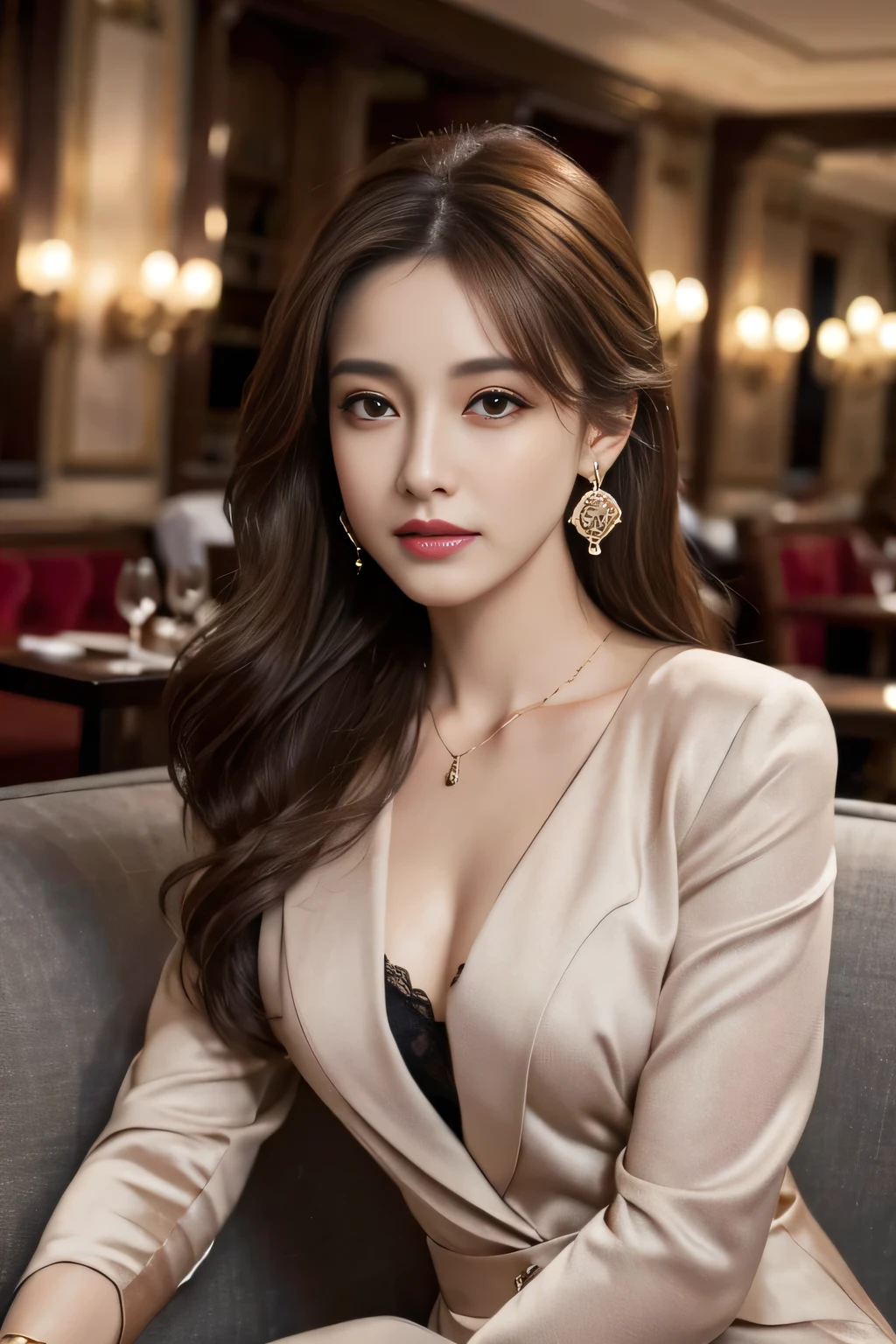 masterpiece, Highest quality, Realistic, Very detailed, Finer details, High resolution, 8k wallpaper, One beautiful woman, Wear a nice suit, In a great restaurant, At night, Light brown messy hair, Perfect dynamic composition, Beautiful and beautiful eyes、Big earrings、Sit on the sofa