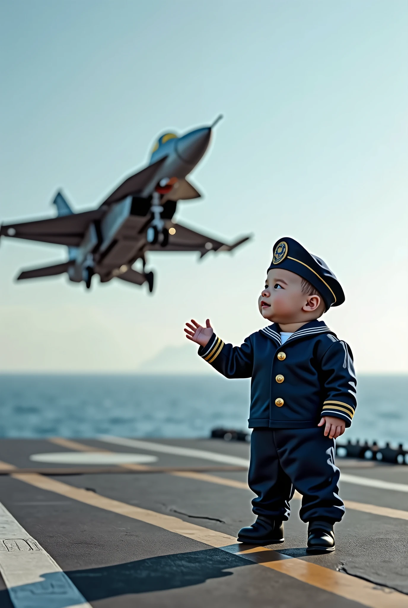 Newborn wearing Navy uniform and sailor helmets directing your fighter jet to fly in an aircraft carrier as real as real life