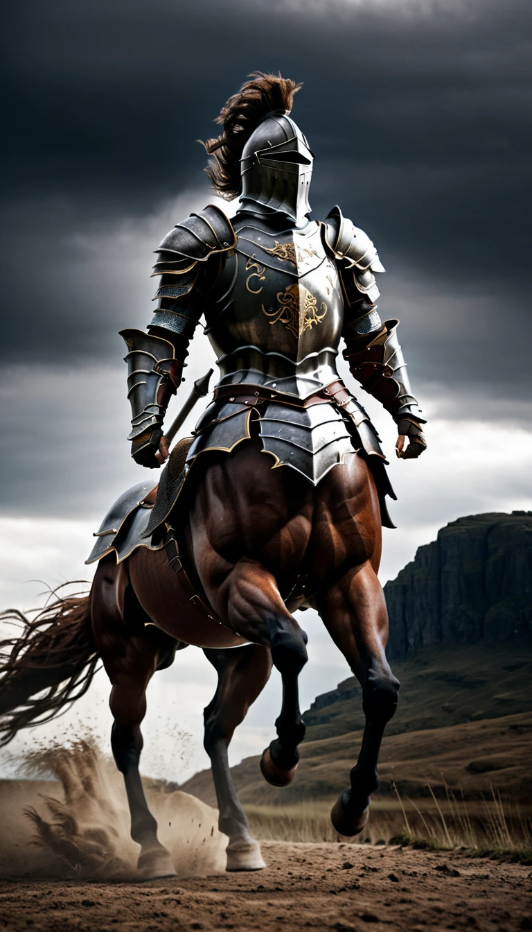 a centaur, mythological warrior, full gallop, charging at enemy monster, knight, medieval armor, detailed anatomy, muscular body, horse lower body, detailed face and expression, dramatic pose, dynamic motion, dark moody lighting, fantasy landscape background, cinematic composition, muted color palette