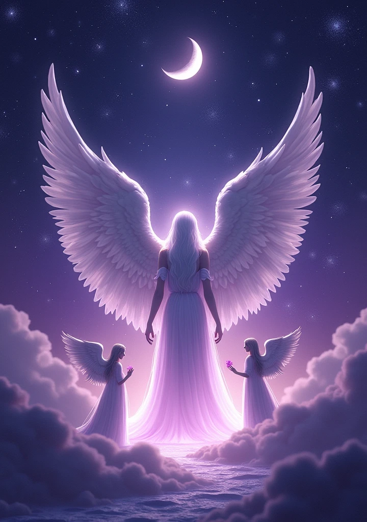 There is no text on the image、The world of tarot cards、Starry purple night sky、The moon shining in the upper center、Archangel and two little angels、Light purple and light tones、