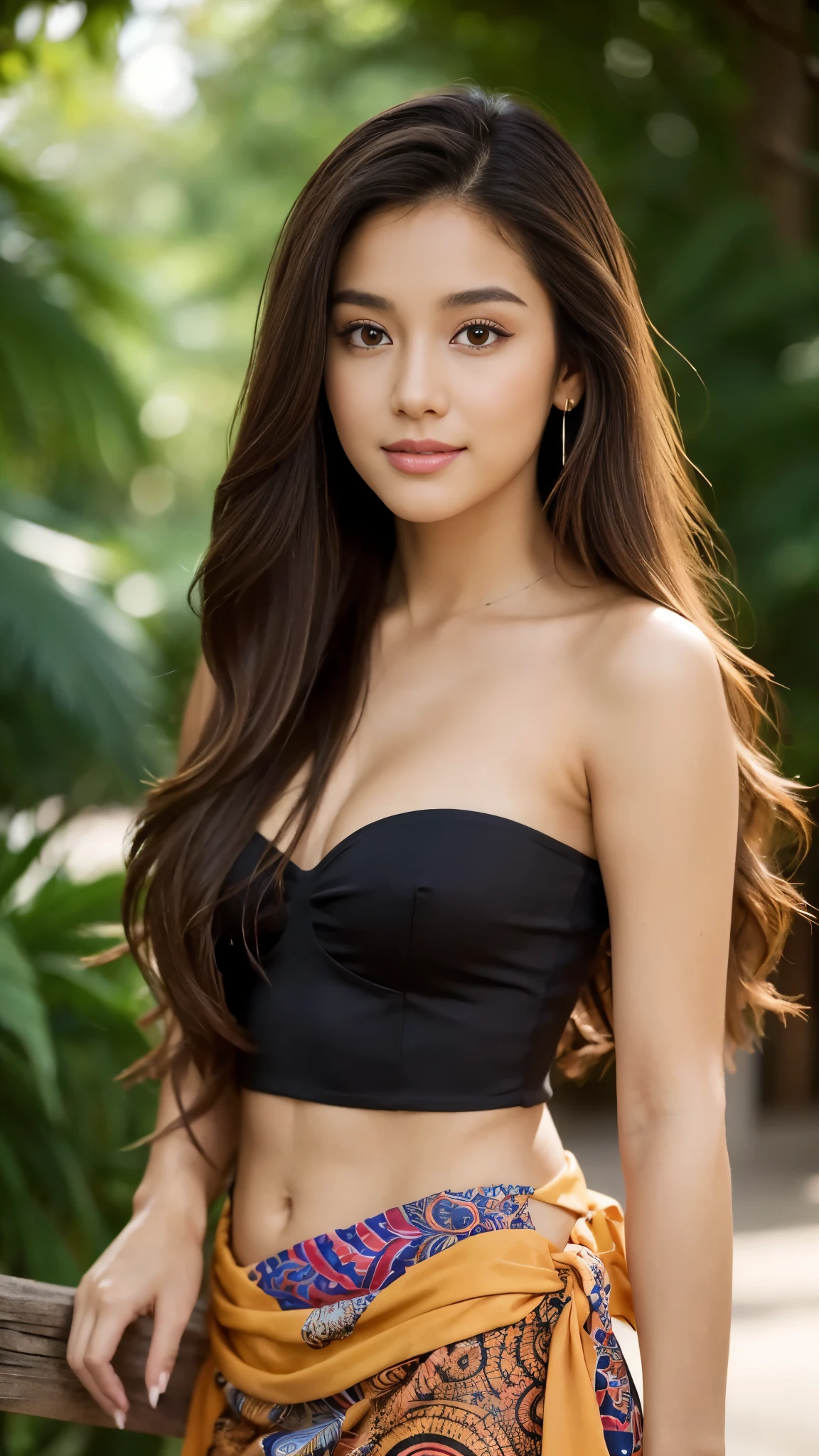 (best quality,10,10,height,Masterpiece:1.2),Special details,realistic:1.37,professional,brown long hair girl, My hair flowed and I wore a black strapless top. , full body, Pose from different angles,and wear a sarong, Symmetrical shape,The fingers are beautifully proportioned....,bright colors,Bokeh,studio lights,Portrait,