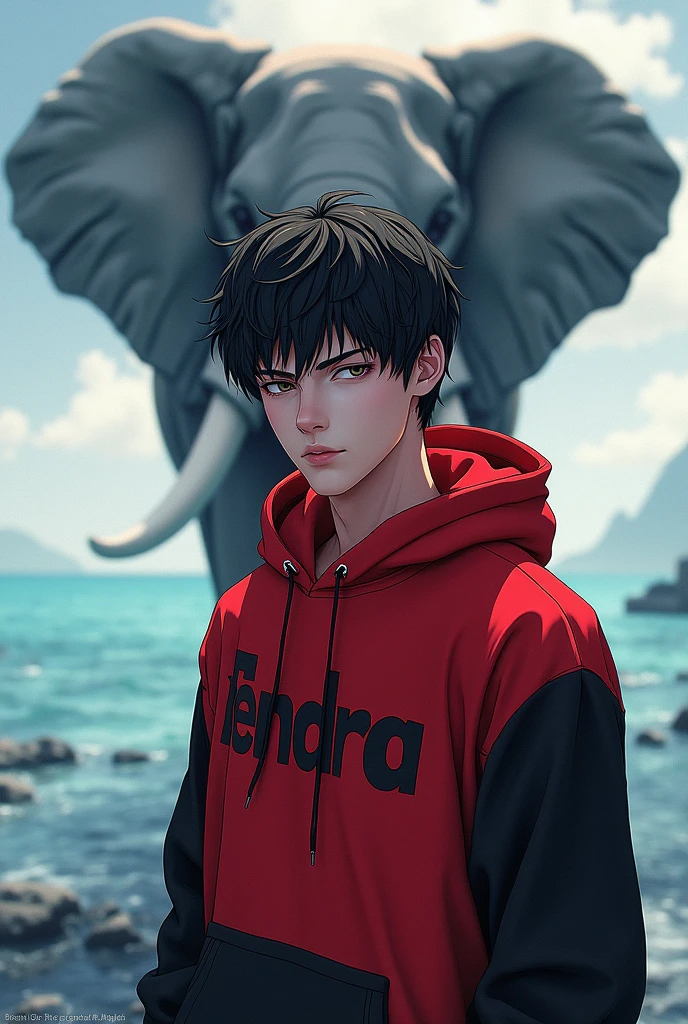 a man3d anime wear hoodie reda and black pop up name "fendra"handsome with elephen background sea