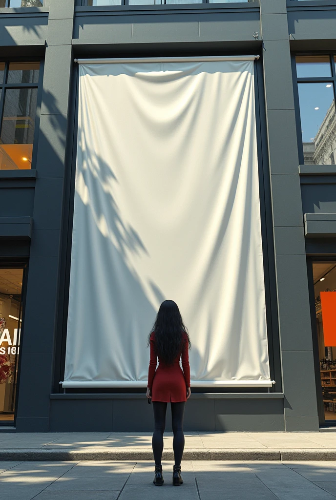 Infront of this woman is an banner on the building