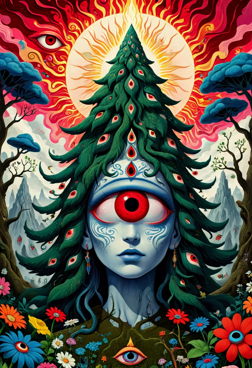 Red eyes、Drawings of trees and flowers, Detailed drawing inspired by Pierre Alehinsky, Tumblr Contest Winners, Psychedelic Art, Shaman horror LSD art, one eye red, The Third Eye, The Holy Grail of Brain Tree Eyes, shamanic poster lsd art, Exquisite eye detail focus, Psychedelic illustration, The Third Eye睛, Big red eyes, opening The Third Eye睛