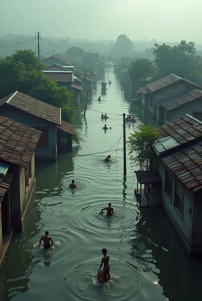 The great flood in Thailand in 2011, people floated, the water reached the roof of the house, people sat on the roof of the house, dogs swam with difficulty, gave out relief bags. 