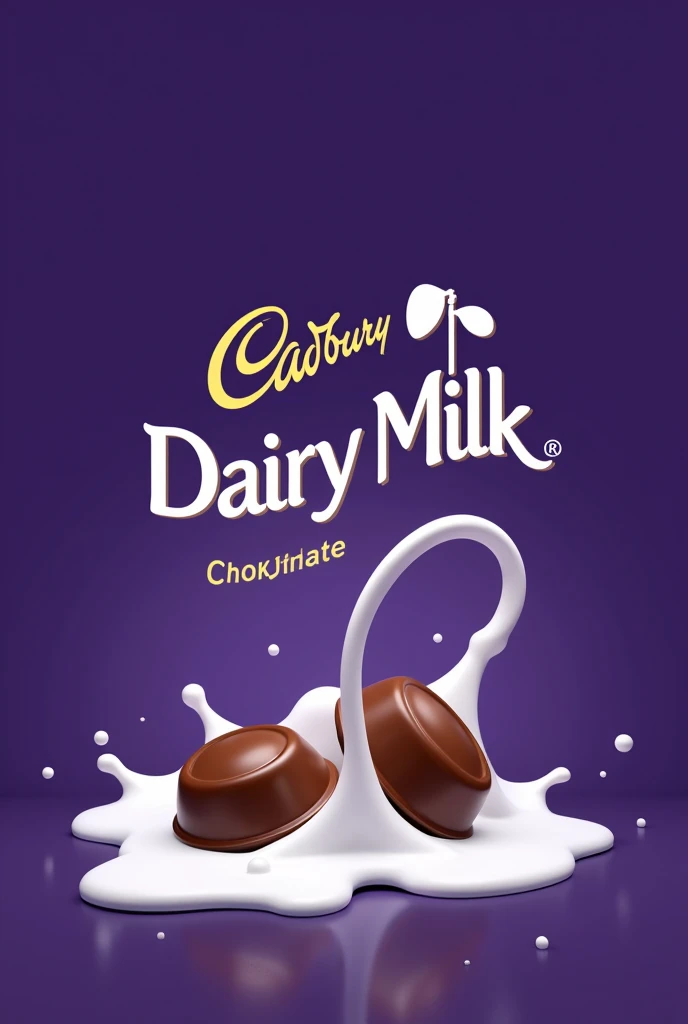 Cadbury dairy milk logo redesign with purple background and milk pour in 2 pieces of chocolate