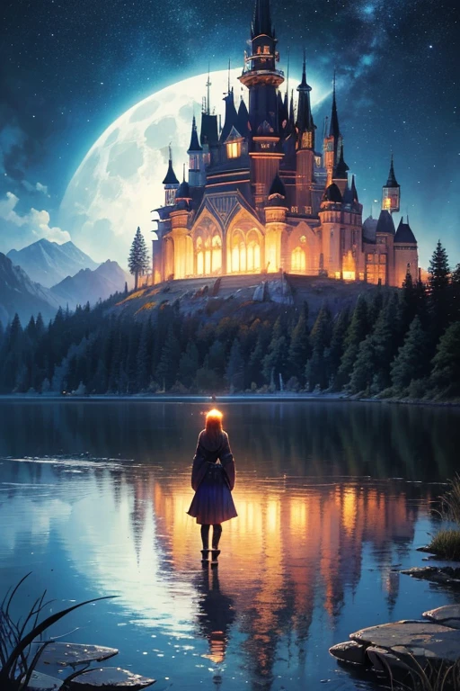 a painting of a lake with a full moon and trees, magical sparkling lake, painting by dan mumford, dan mumford and albert bierstadt, dan mumford paint, glowing reflections, in the style dan mumford artwork, dan mumford and thomas kinkade, el bosco and dan mumford, anton fadeev and dan mumford, stars reflecting on the water, james r. eads