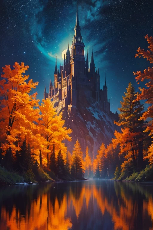 a painting of a lake with a full moon and trees, magical sparkling lake, painting by dan mumford, dan mumford and albert bierstadt, dan mumford paint, glowing reflections, in the style dan mumford artwork, dan mumford and thomas kinkade, el bosco and dan mumford, anton fadeev and dan mumford, stars reflecting on the water, james r. eads