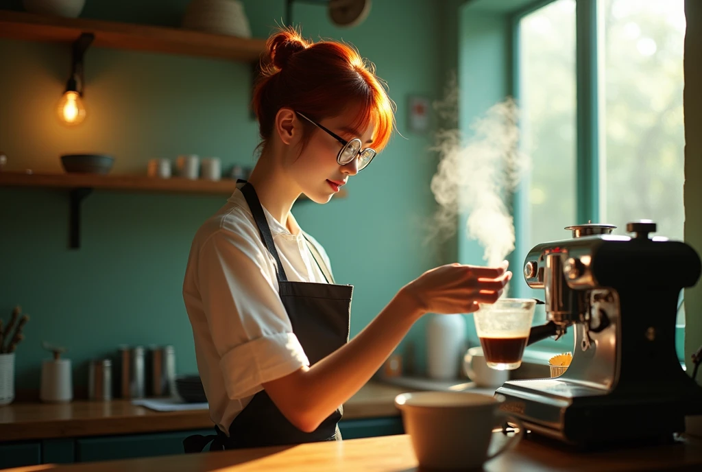 ((very sharp photo result, photo-realistic:1.37)) (Best Quality, 8k), (high res, masterpiece 1.2), (Ultra-detailed)(((magical ))) backlight shade silhouette shoot of a pretty japanese barista woman with short red hair, big clear glasses, apron preparing the coffee, shade photography, in an artsy edgy colorful striking cozy cafe, barista corner table with classic & steamy coffee maker machine that steam and brew a cup of hot coffee, interior: smooth pale green & natural wood dominated theme color, shadow & light, realistic skin texture,detailed eyes and lips,beautiful detailed face,long eyelashes,smooth skin,natural body shape