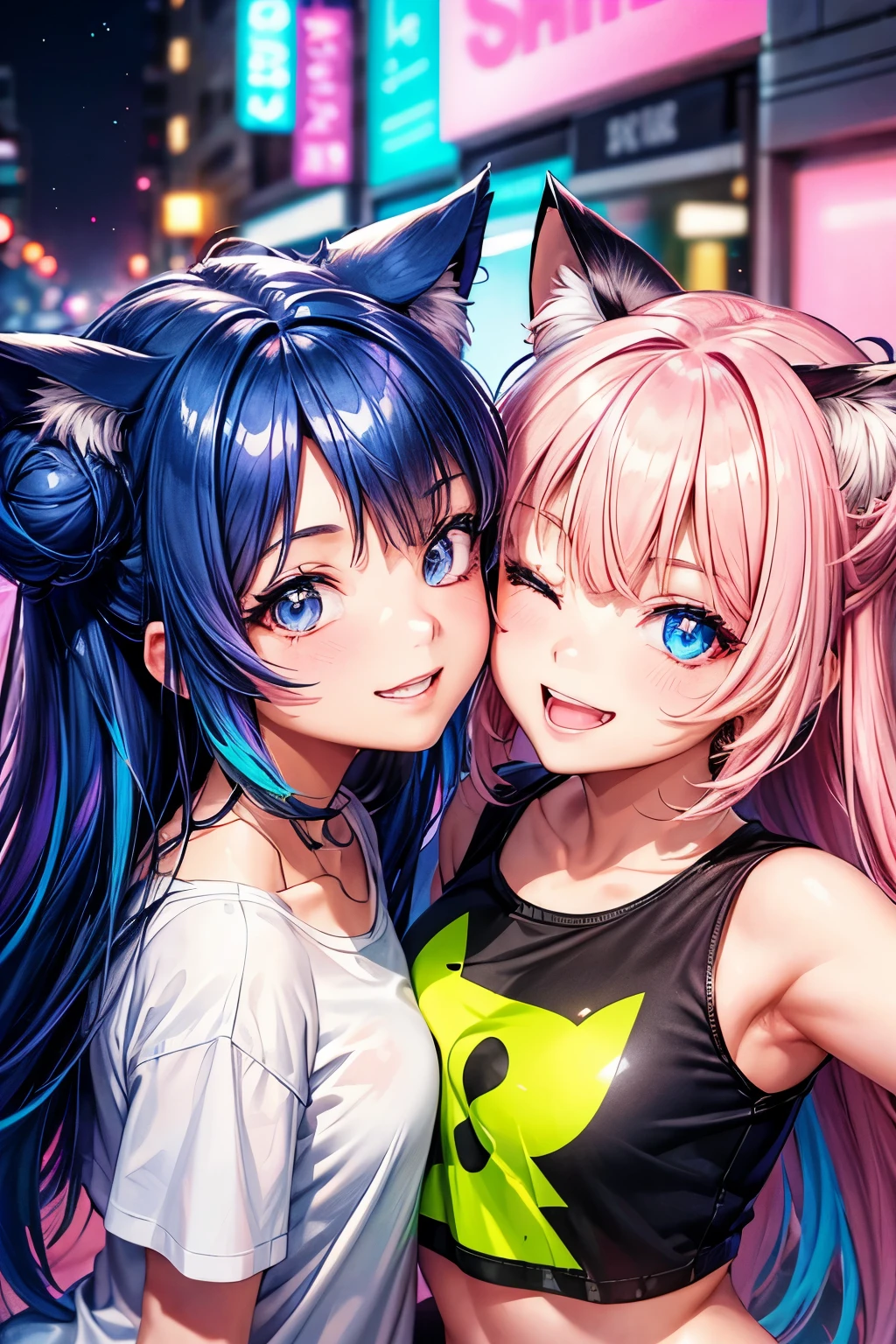 Best Quality, 2girls.High Resolution, Perfect Human Structure, Focus on Background, Neon Color, looking up at viewer, iridescent hair, bun head, shiny hair, cat ears, smiling heart shaped eyes, side bangs, shiny hair, upper teeth, winking, gradient eyes, t-shirt, t-shirt jeans, city, one eye closed