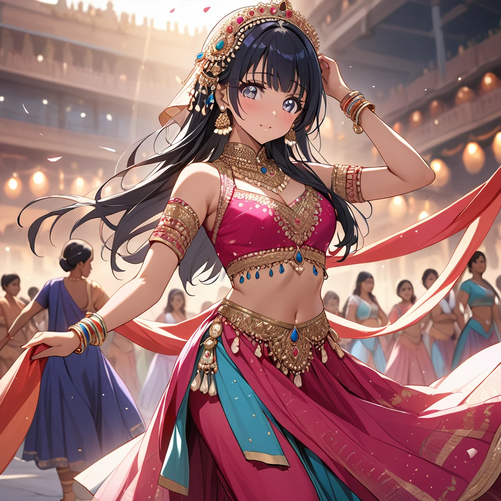 ((Highest quality)), ((masterpiece)), (detailed), (Perfect Face)、The woman is Reika Aoki, an Indian with dark skin and semi-long hair.、A woman is dancing beautifully in Bollywood dance costume in India