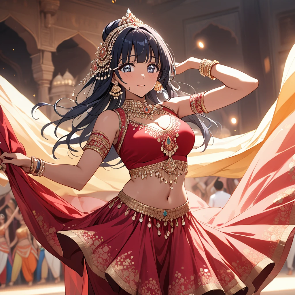 ((Highest quality)), ((masterpiece)), (detailed), （Perfect Face）、The woman is Reika Aoki, an Indian with dark skin and semi-long hair.、A woman is dancing beautifully in Bollywood dance costume in India