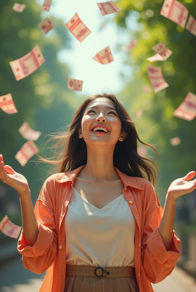 A beautiful Vietnamese girl smiles happily, looks up, and spreads her arms, waiting to receive money, which is falling from the sky in large amounts.