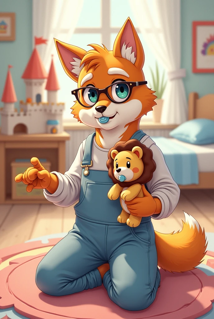 Male canine furry with attractive physique, with glasses and a sweatshirt, posing for a front photo with a more human body, with 2D drawing style, with pastel colors and overalls over her sweatshirt with a pacifier in her mouth, with a stuffed lion in his hands in a position that shows he is offering it to you, sitting next to a castle made of blocks, with a background of a child's room full of toys and a bed in the background, on a pastel colored ABDL puzzle mat
