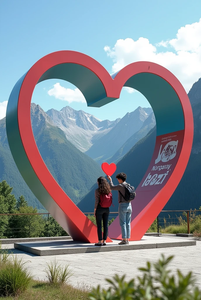 Can you make a " I ❤️ Norzagaray" viewtype with a viewdeck on the back of it, like humans can take a picture near at the "I ❤️ Norzagaray", also make the background like mountain view and make a viewdeck on the back of the "❤️" of "I ❤️ Norzagaray". make the image clear