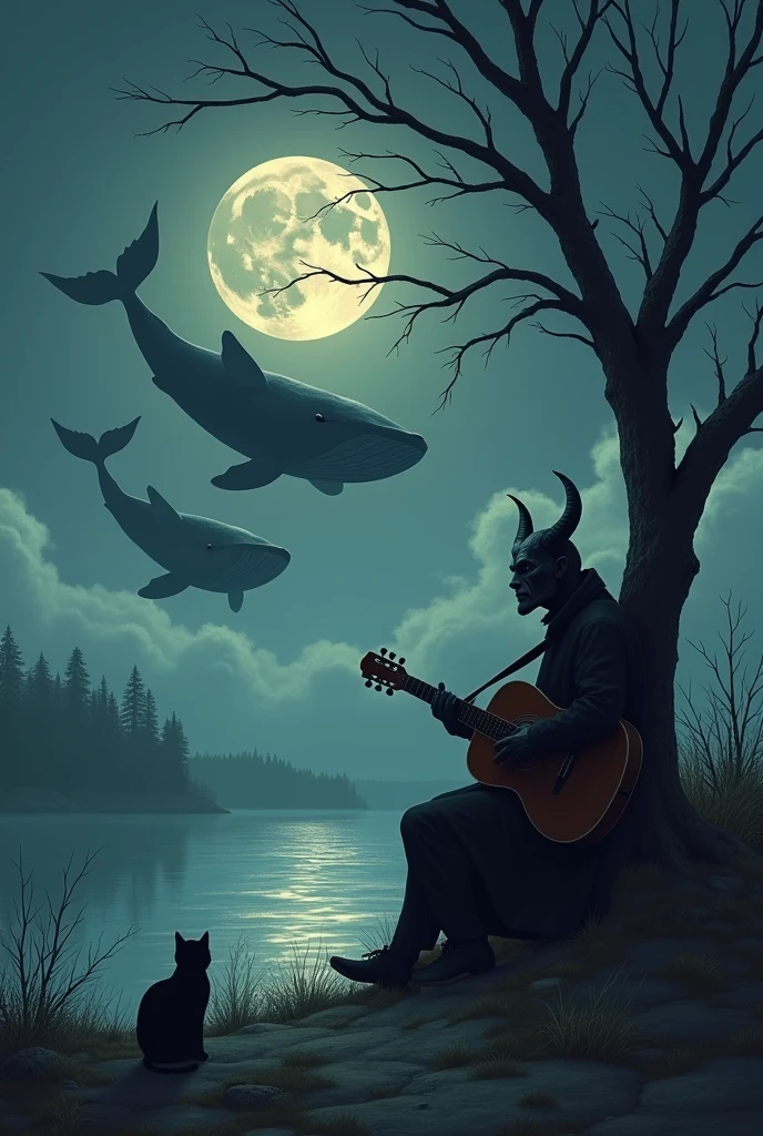 Starless and cloudy sky with full moon and two whales floating near moon near a serene river and a leafless tree on the side and a guy wearing a devil mask leaning on a tree playing guitar and a cute cat sitting near the guy 