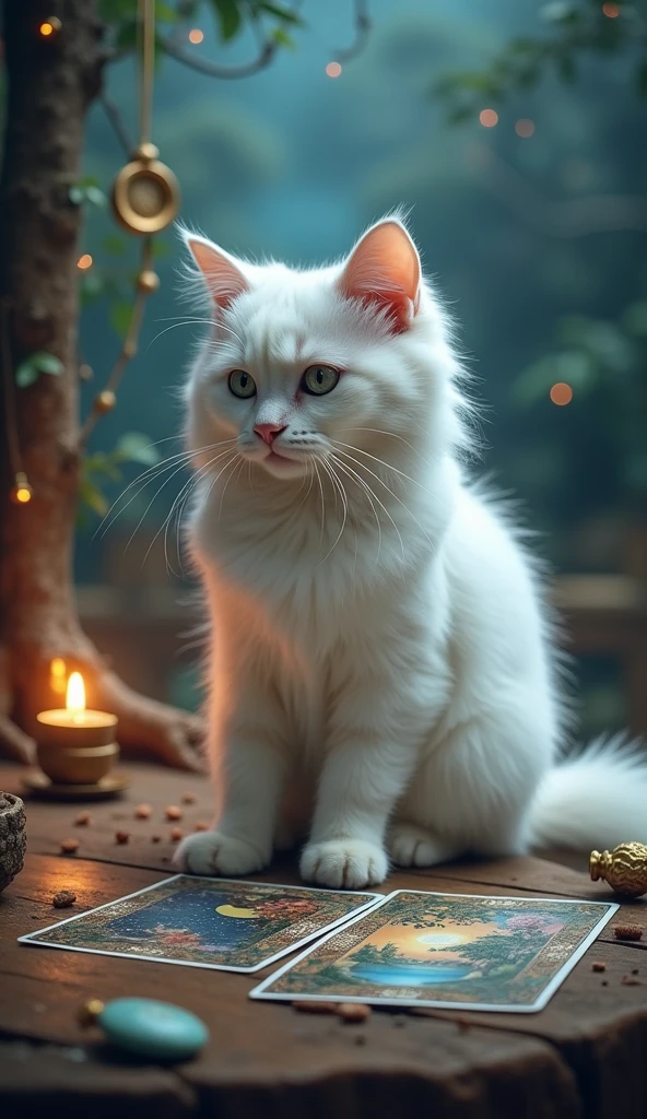 A white cat enjoying fortune telling with tarot cards in a fantastical atmosphere。The cat has fluffy white fur、She has beautiful eyes。The cat is holding a tarot card、A serious look at fortune telling。Soft light shines into the background、Stars and Moon、Elements of a magical forest are scattered throughout the space.。Overall, a dreamy fantasy world unfolds.、Heals the hearts of those who see it