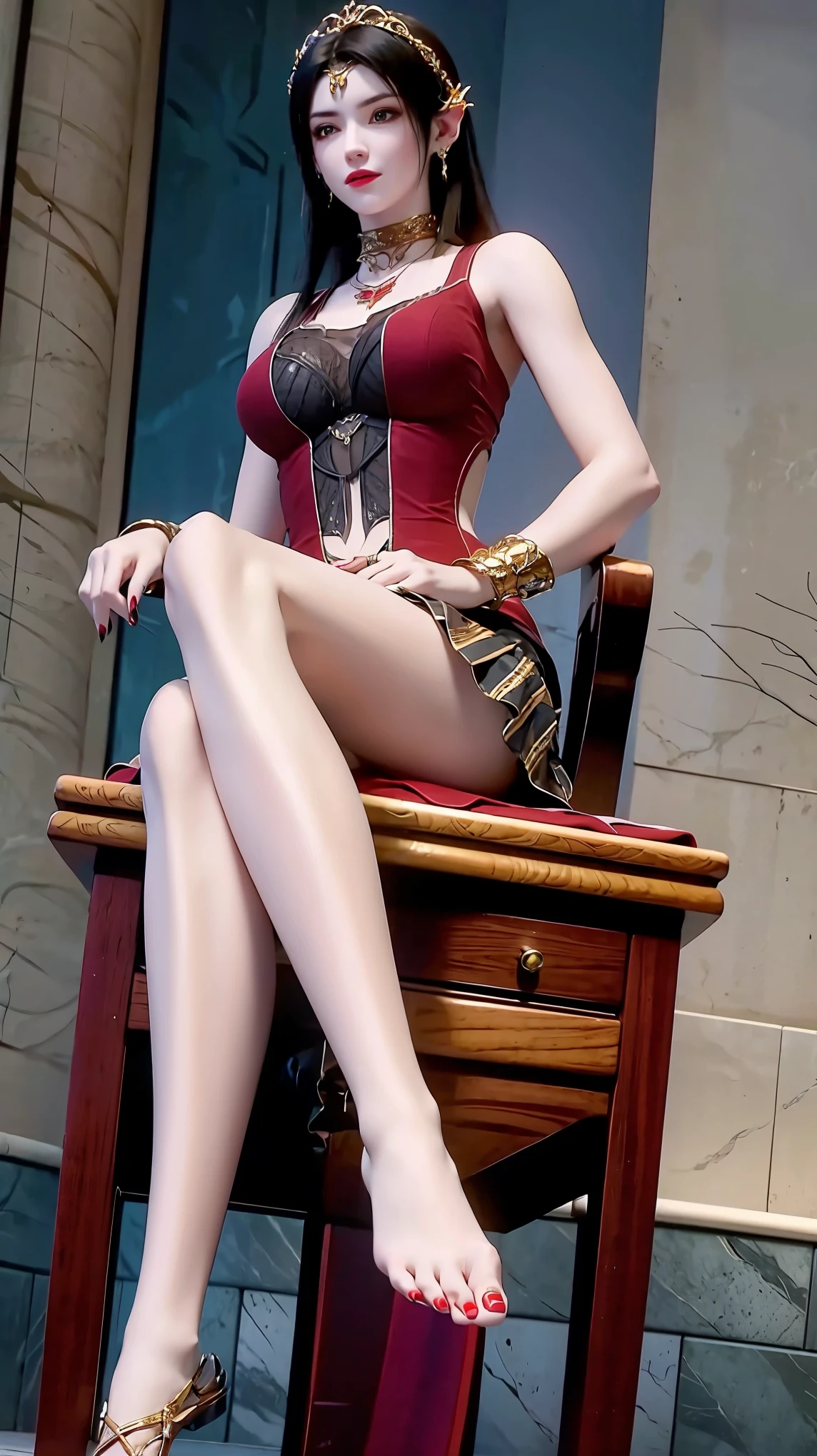 masterpiece, best quality, tthl, 1 Girl, , Solitary, Long hair:1.2, Large Breasts,, Hair accessories, skirt, Bare shoulders, Jewelry, Alternative clothing, bracelet, ear rings, 长skirt, 蕾丝skirt, bracelet, barefoot, 细barefoot, Charming smile,Cross your legs, Sitting in the bathtub, indoors, From below,camisole