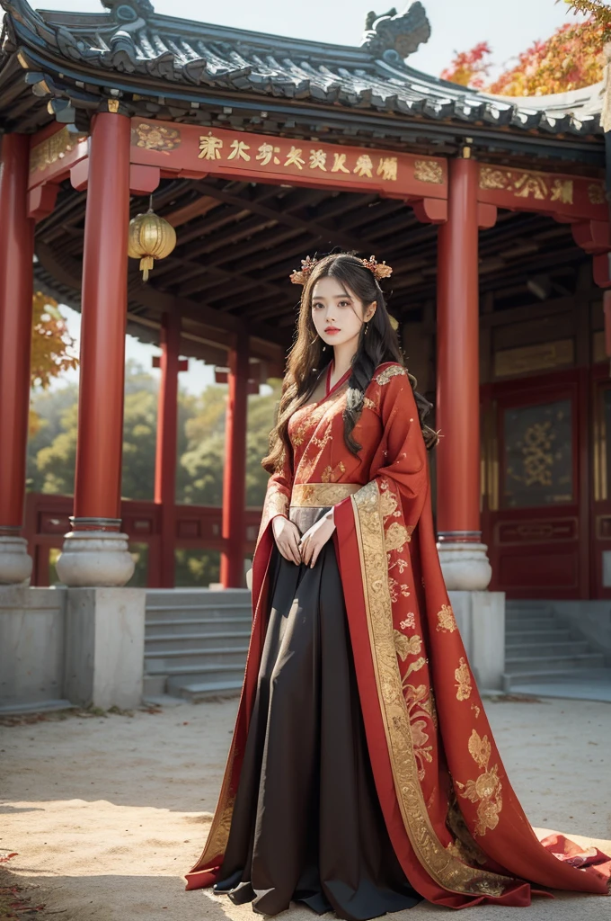 (((best quality))),(((ultra detailed))),(((masterpiece))),illustration,autumn, October, beautiful girl, outside, spacious square, immense Chinese palace-style castle, magnificent red gown, petite frame, youthful radiance, grace, smooth hair, loose waves, delicate features, red floral headband, vibrant colors, autumn leaves, fiery hues, lush greenery, blue sky, fluffy white clouds, idyllic setting, architectural marvel, intricate designs, ornate decorations, towering walls, rows of pillars, arches, flags, regality, contemplation, breathtaking backdrop, red gown, center of attention, captivating photograph, elegance, tranquility, wonders of nature,((from front,full body))